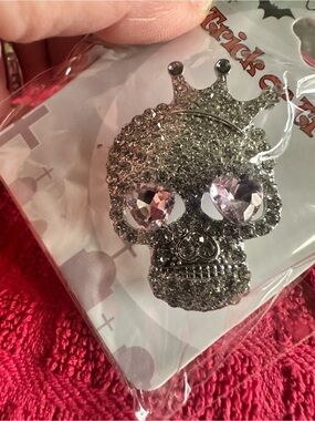 Silver Crystal Skull Brooch with Pink Heart Accents
